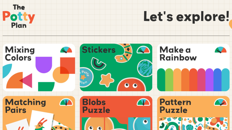 A screenshot of a webpage from The Potty Plan which displays available games: Mixing Colors, Stickers, Make a Rainbow, Matching Pairs, Blobs Puzzle and Pattern Puzzle.