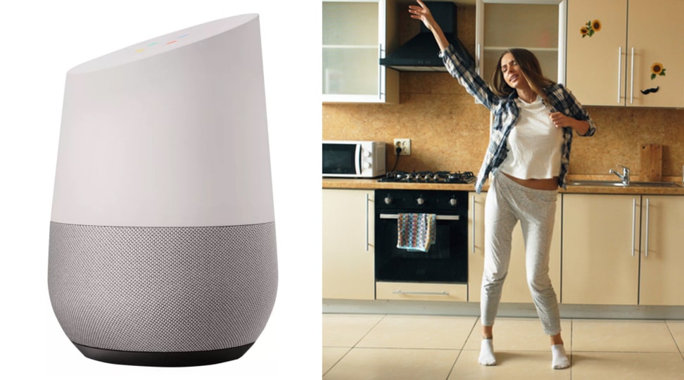 Google Home and woman dancing in kitchen