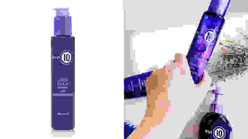 On the left: A slim purple pump bottle. On the right: A hand holding a purple pump bottle with a clear serum on the back of their hand.