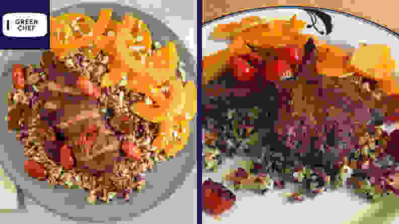 Left: A professional photo of steak served on top of grains, accompanied by slivers of squash. Right: The same dish prepared and photographed in someone's home.