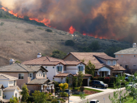 A wildfire rages on a hill behind a neighborhood.