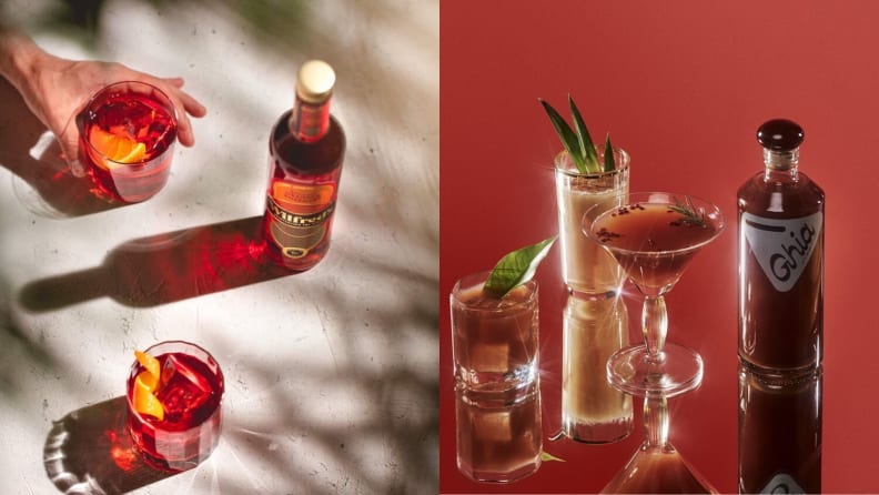 Left: A bright red bottle of Wilfred's arranged beside colorful non-alcoholic mixed drinks with other pink, orange, and purple tones. Right: A bottle of Ghia aperitif sits on a reflective surface next to elegant non-alcoholic mixed drinks on a deep red background.