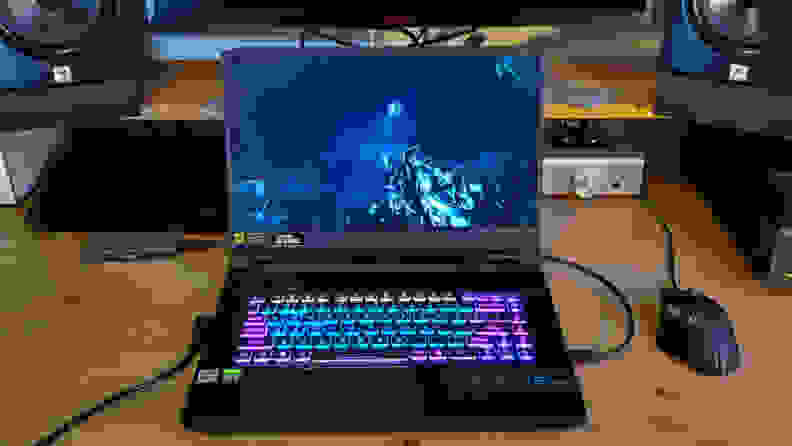 Laptop sits on a desk