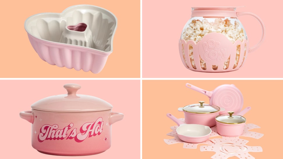 pastel pink cookware pieces on pink and orange background