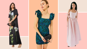 Collage images of a model wearing a floral green drop-waist midi dress, a model wearing a yellow long sleeve gown, and a model wearing a red and pink mini dress with bow details along the bodice.