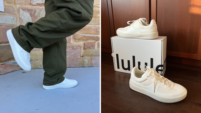 A close-up of the author wearing the lululemon Cityverse sneaker, and a photograph of the same sneakers resting around the box they came in.