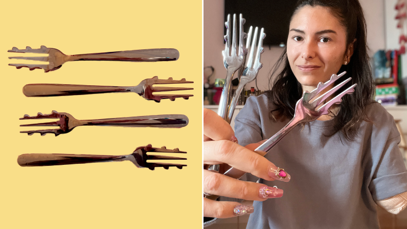 On left, four silver Forghetti forks. On right, one-armed person smiling while holding up three Forghetti forks.