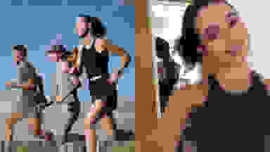 左：Allbirds Promo Image，一个男人和两个女人在Allbirds Activewear外面运行。右：女人微笑的戴着别墅运行坦克。