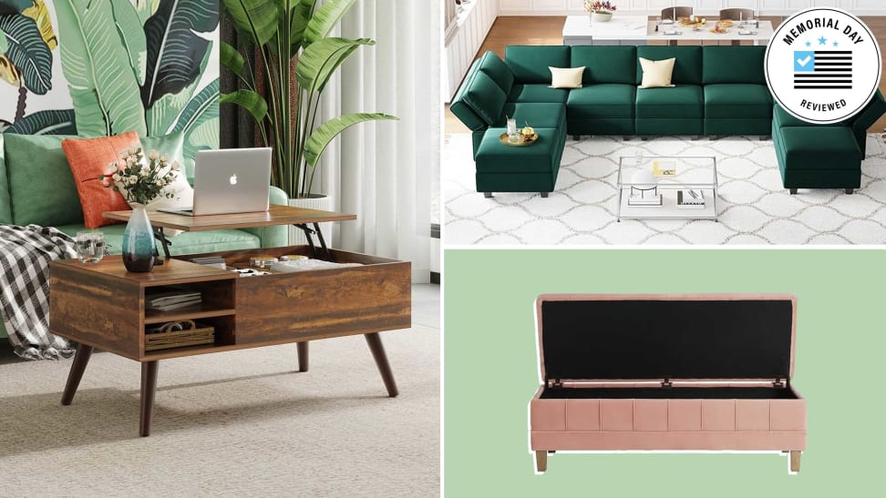 coffee table, green couch, pink storage ottoman