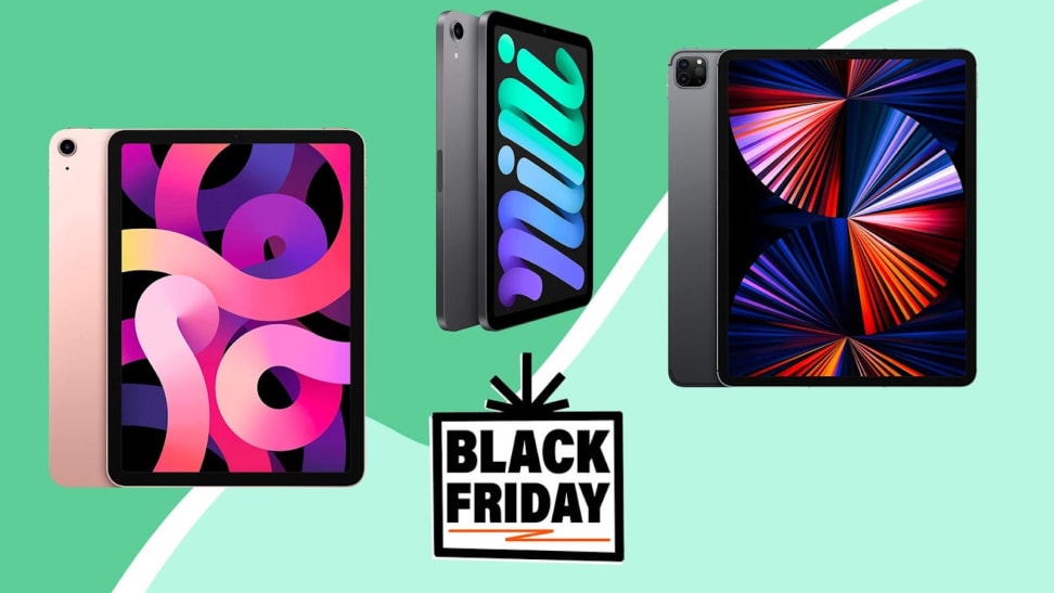 Green graphic with text that reads "Black Friday" with images of iPads and iPad Pros