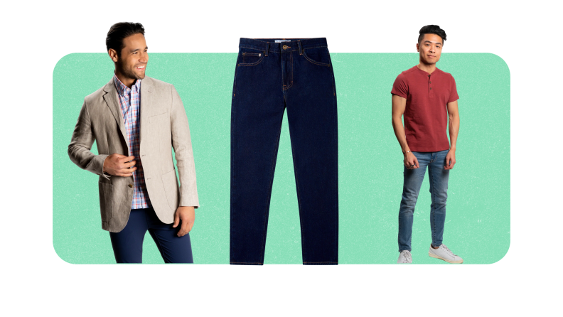 A red henley shirt, black jeans, and a tan blazer.