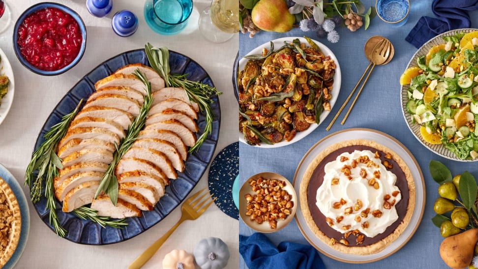 On left, a photo of a sliced turkey on a blue plate. On right, a spread of Thanksgiving sides shot from above.
