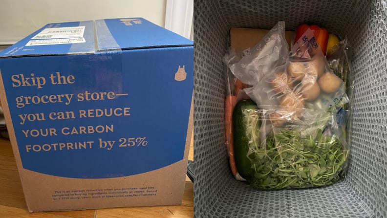 A box of Blue Apron with ingredients inside.