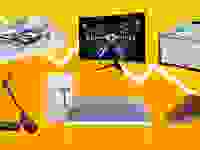踏板车，床垫，拖鞋，电视和电子设备在黄色背景下。
