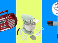 Blue and green background with red retro boombox, stand mixer, and percussion massager