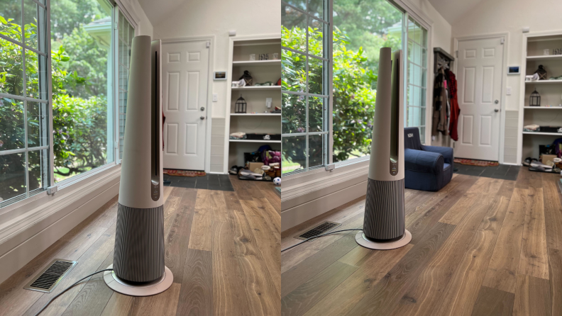 LG AeroTower Air Purifying Fan on top of hardwood floors in front of window inside of home.