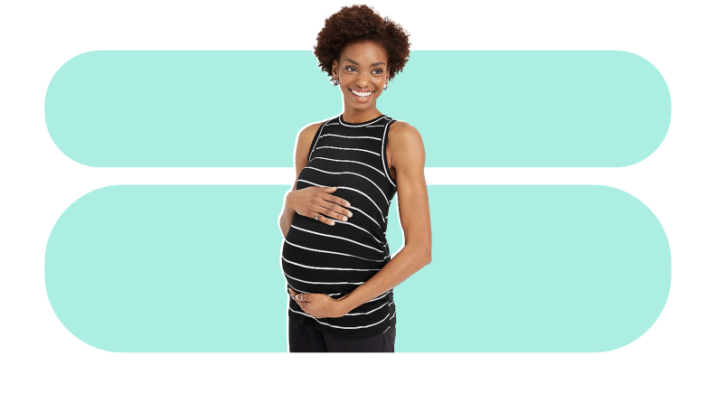 Image of a model wearing the highline striped ribbed maternity tank from Maurices.