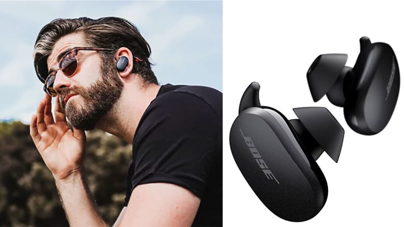 Black bose earbuds on man