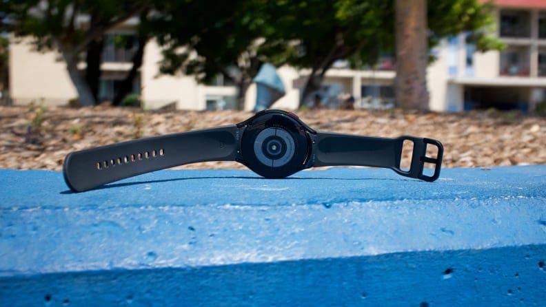 A view of the underside of the Galaxy Watch 4 to highlight its array of health sensors.