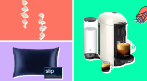 A colorful photo collage of a Kate Spade Precious Pansy Statement Linear Earrings, a navy blue Slip Pure Silk Pillowcase and a white Nespresso VertuoPlus Single-Serve Coffee Maker.