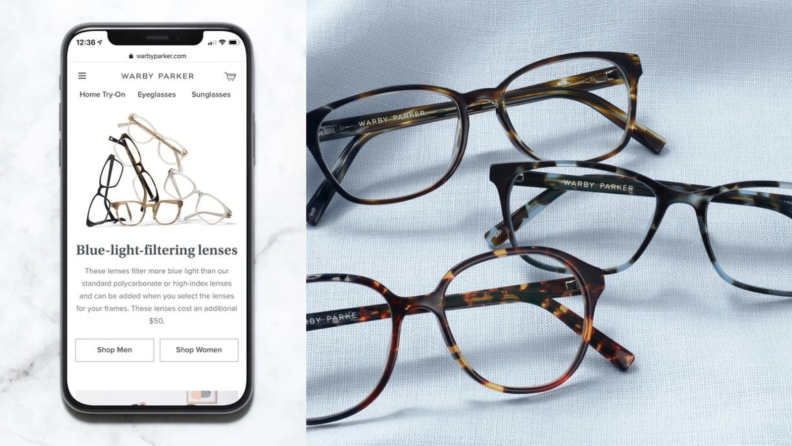 An image of the Warby Parker app next to several pairs of glasses.