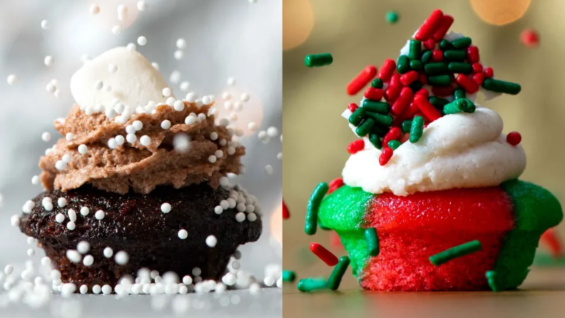 An image of a Caramel Hot Cocoa cupcake alongside a Holiday Cookie cupcake