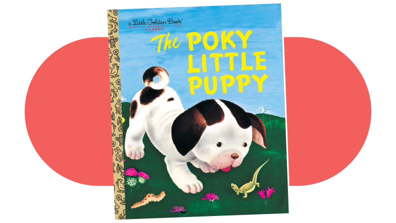 The Poky Little Puppy Little Golden Book on a coral background.