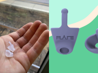 On left, person holding clear ear buds in palm. On right, purple ear buds.