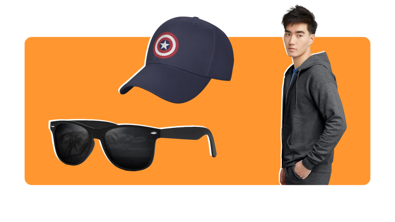 A hoodie sweatshirt, black sunglasses, and a hat that features the Captain America logo.
