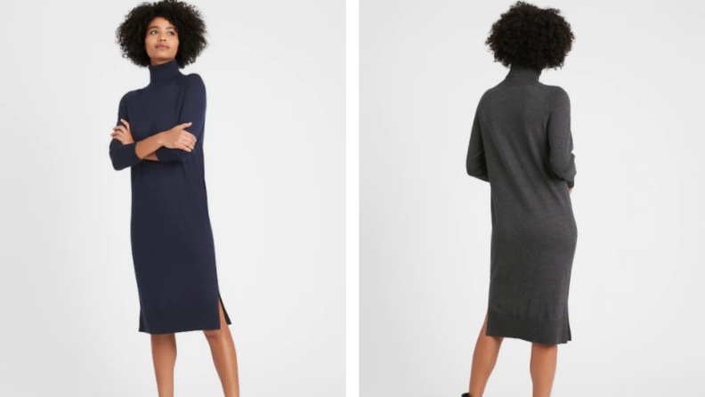 woman modeling turtleneck sweater dress