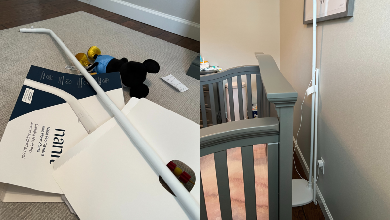 Disassembled pieces of the Nanit Pro Smart Wi-Fi Baby Monitor Bundle being mounted on side of crib.