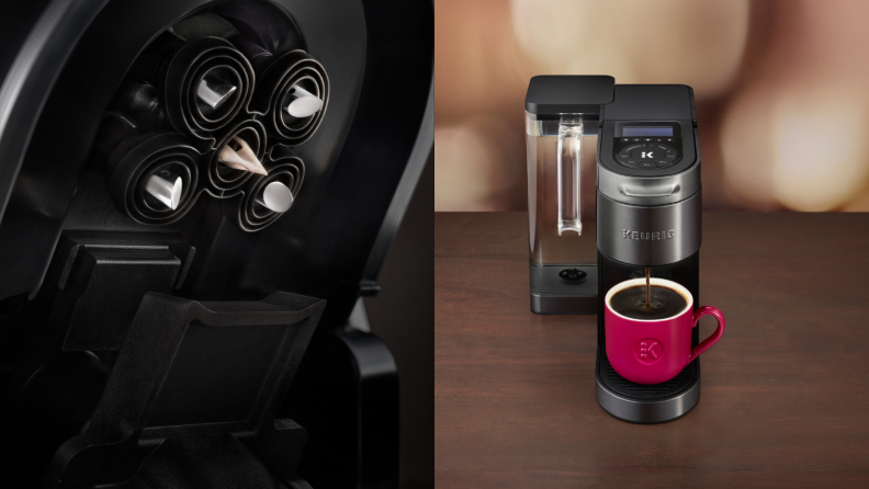 On the left, it's a close-up look of the coffee maker's brewhead, which has five penetration points. On the right, it's the Keurig K-Supreme Plus Smart coffee maker with a mug.