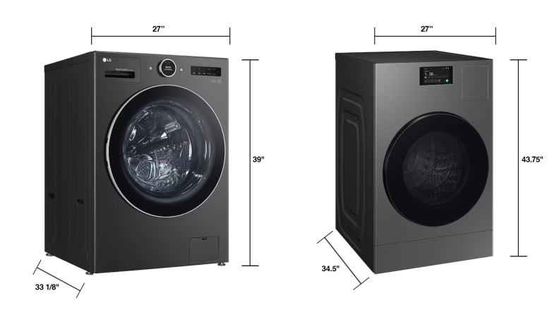 A labeled comparison of the height, width, and depth of the LG WashCombo vs. Samsung Bespoke AI Washer-Dryer Combo