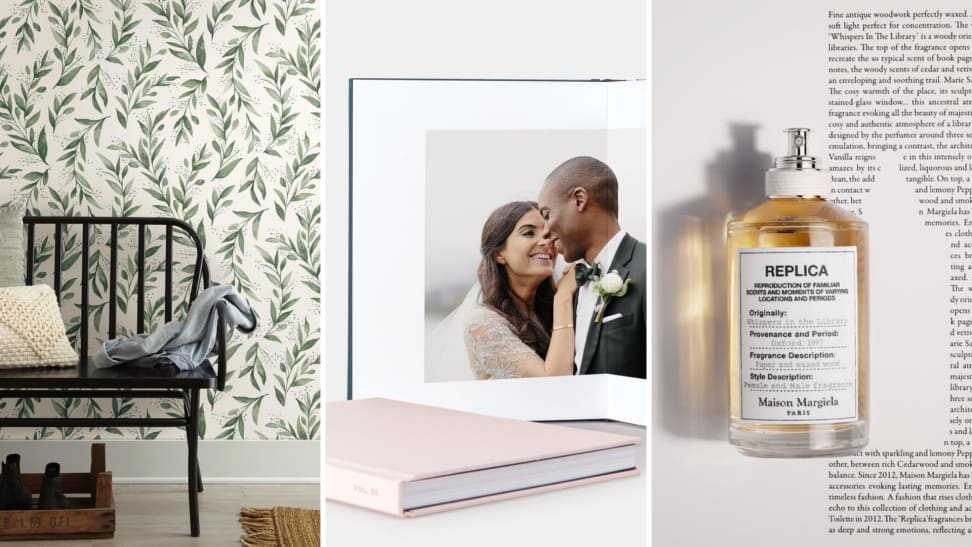 (left) An entryway with wallpaper. (center) a wedding photo album. (right) a bottle of perfume.