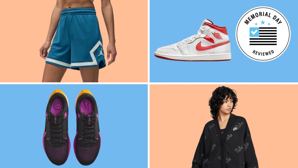 Various Nike products with the Memorial Day Reviewed badge in front of colored backgrounds.