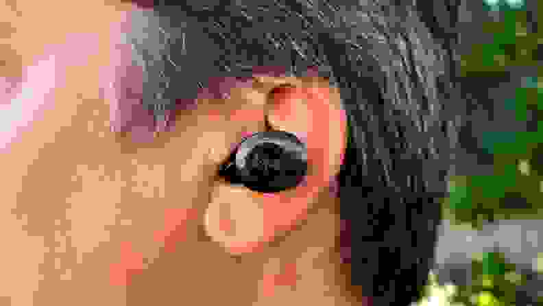黑色搪瓷Klipsch T5 II真无线ANC耳塞坐在一个留着盐和胡椒棕色头发的男人的耳朵里。