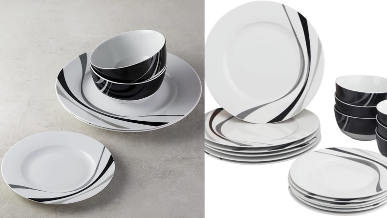 Two side by side shots of black and white 18-Piece Kitchen Dinnerware Set from Amazon.