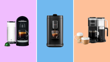 Nespresso, Instant, and Keurig single-serve coffee makers silhouetted against lavender, blue and orange backgrounds.
