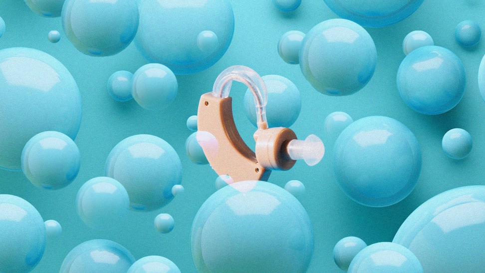 A graphic design of a hearing aid in the middle of a blue, bubble, background.