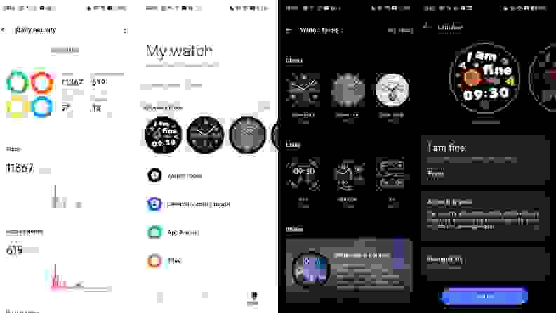 A set of screenshots from the watch's app, displaying widgets, watch displays and steps.
