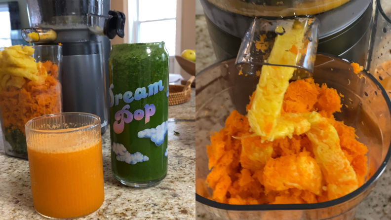 On the left, there are two glasses of freshly made juices; on the right, the the pulp tube of a NutriBullet Slow Juicer is producing waste.
