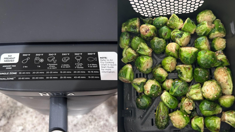 On left, an instructional guide for cooking a different variety of foods inside of the Ninja Double Stack XL Air Fryer. On right, Brussels sprouts inside of the fry basket of the Ninja Double Stack XL Air Fryer.