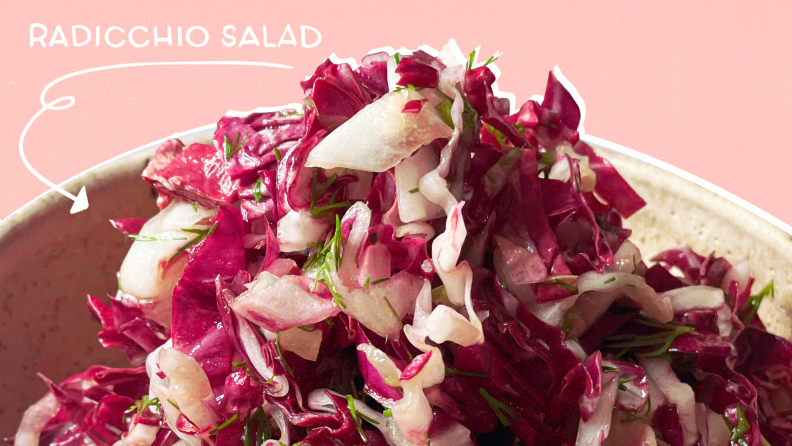 Radicchio salad in a bowl on a pink background