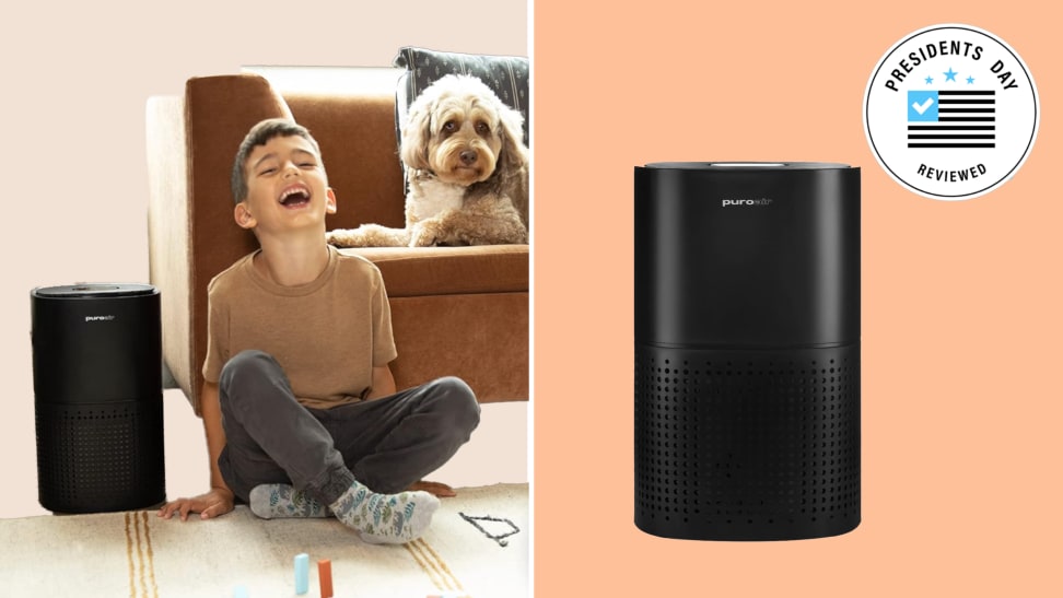 Photo collage of small child sitting on floor next to dog on couch and air purifier and a product shot of the PuroAir air purifier.