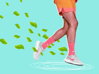Graphic illustration of person running in sustainable Nike shoes, with green leaves trailing them.