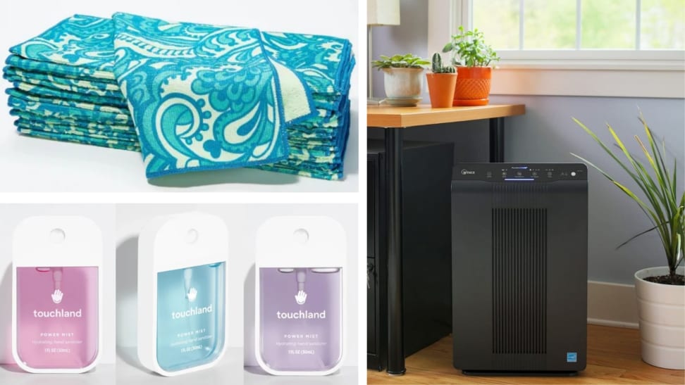 Stack of microfiber clothes on top of an image of Touchland hand sanitizer next to an image of a Winix air purifier