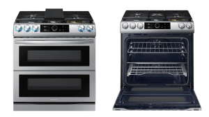 Samsung NY63T8751SS stainless steel range—oven closed on the left, oven open on the right.