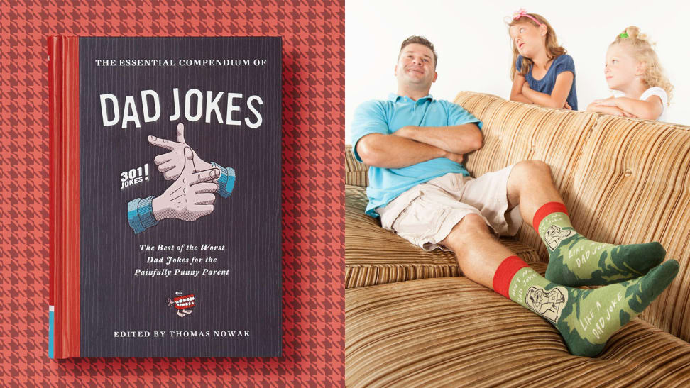 Dad jokes book / dad sitting on the couch with funny socks