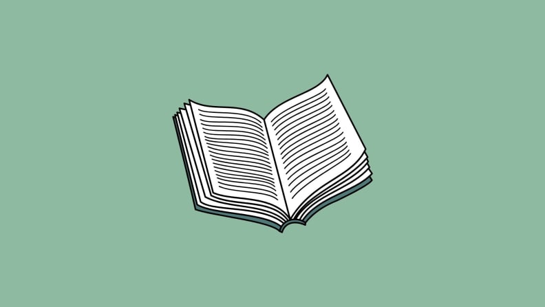 An illustrated open book on a green background