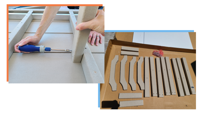 A person assembles the pieces of a Polywood outdoor dining table.